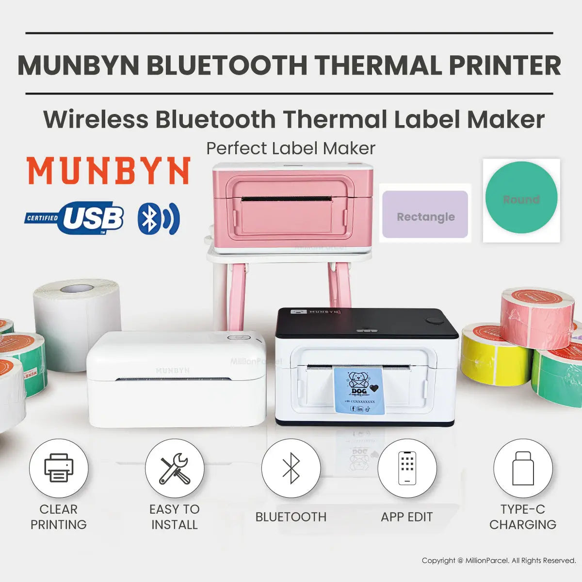 MUNBYN 941B & RW402B Bluetooth Thermal Label Printer for Small Business - MillionParcel