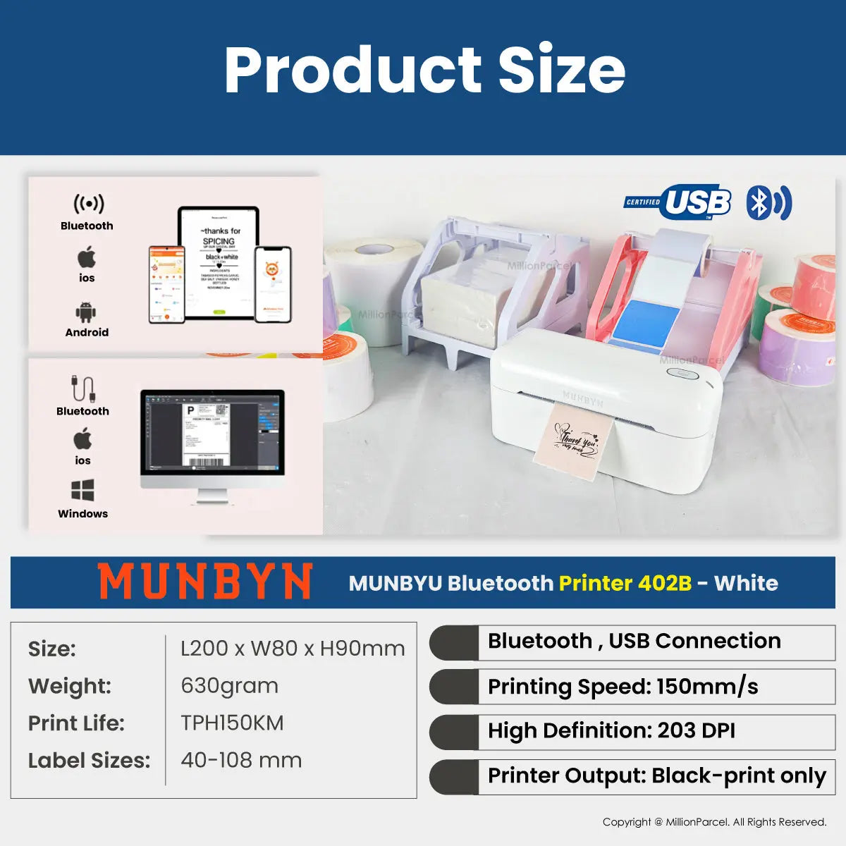 MUNBYN 941B & RW402B Bluetooth Thermal Label Printer for Small Business - MillionParcel