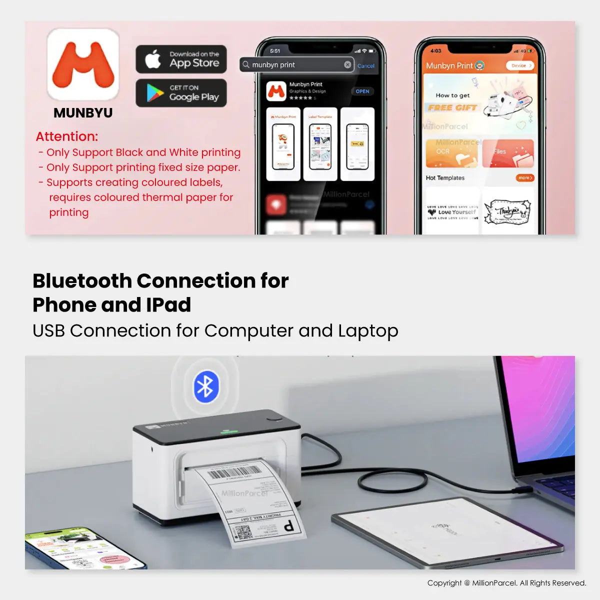 MUNBYN 941B & RW402B Bluetooth Thermal Label Printer for Small Business - MillionParcel