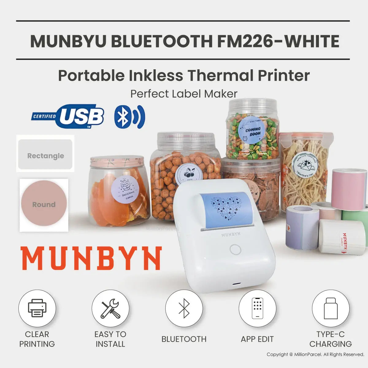 MUNBYN FM226 Bluetooth Portable Label Maker - White - MillionParcel