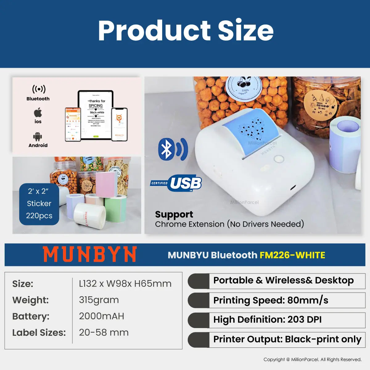 MUNBYN FM226 Bluetooth Portable Label Maker - White - MillionParcel