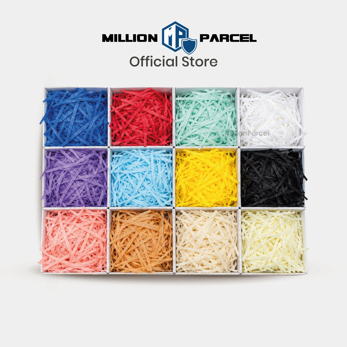 Raffia-style shredded paper filler in a square grid of colorful trays