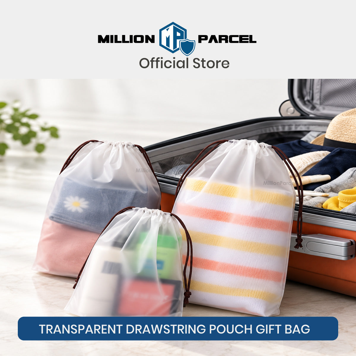 Transparent drawstring pouches in pastel colors with brown cords, shown near travel luggage