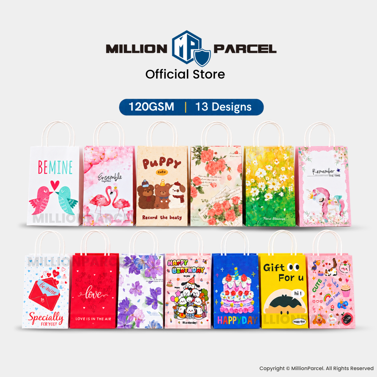 Printed paper gift bag collection with twisted handles, small pack featuring various colorful prints.