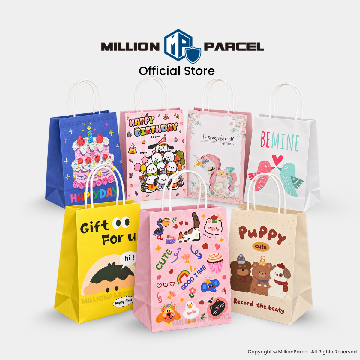 Blue gift paper bag with white handle, “Happy Birthday” print and cartoon characters.