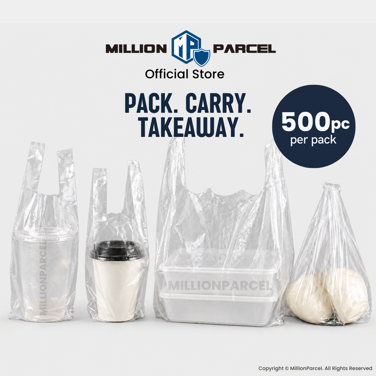 Clear plastic takeaway bags holding cups, a food container, and wrapped bread