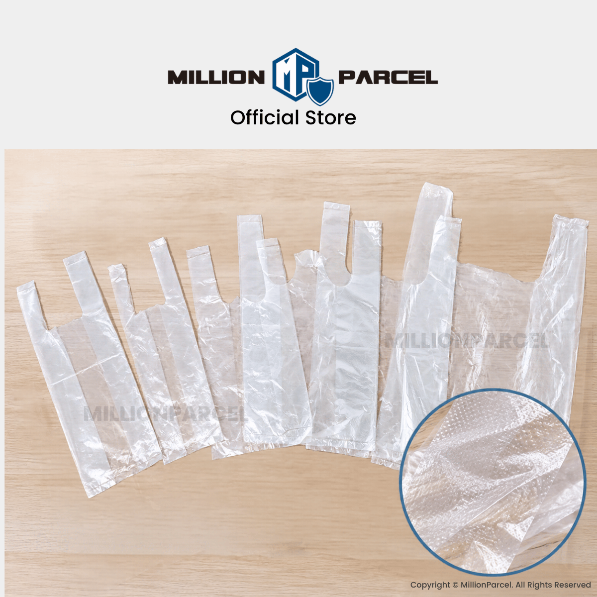 Clear plastic bags with handles arranged in a fan, with a close-up of textured plastic