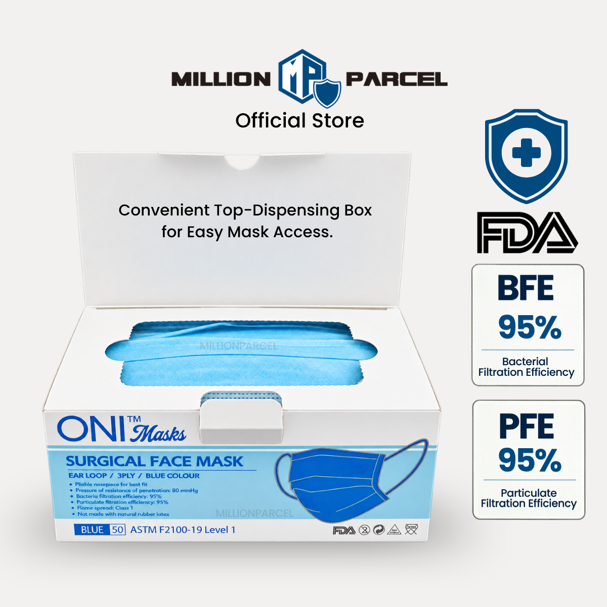 Blue surgical face mask display box with top-dispensing opening and stacked masks inside.