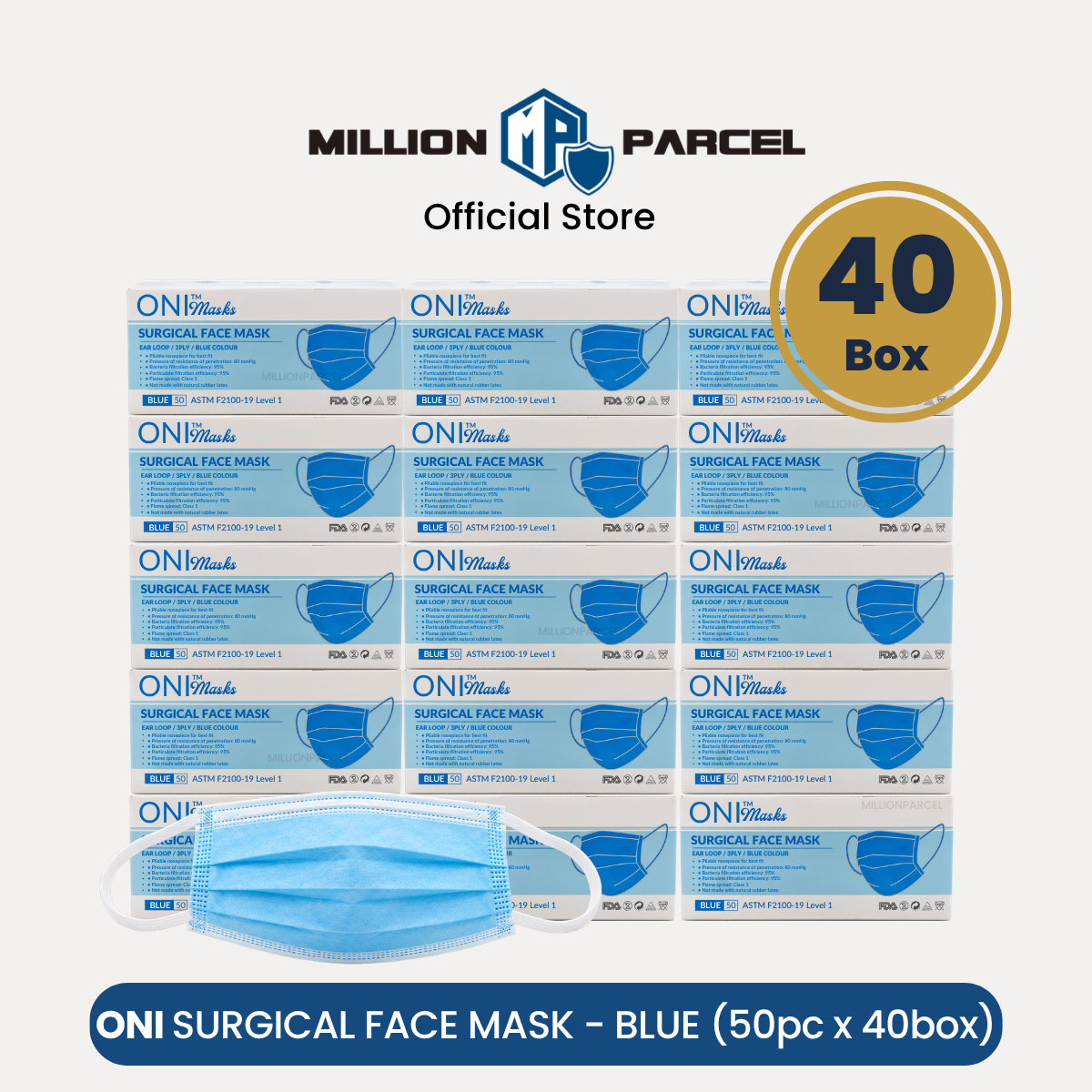 ONI surgical face masks, blue, shown as multiple masks with 40-box pack label.