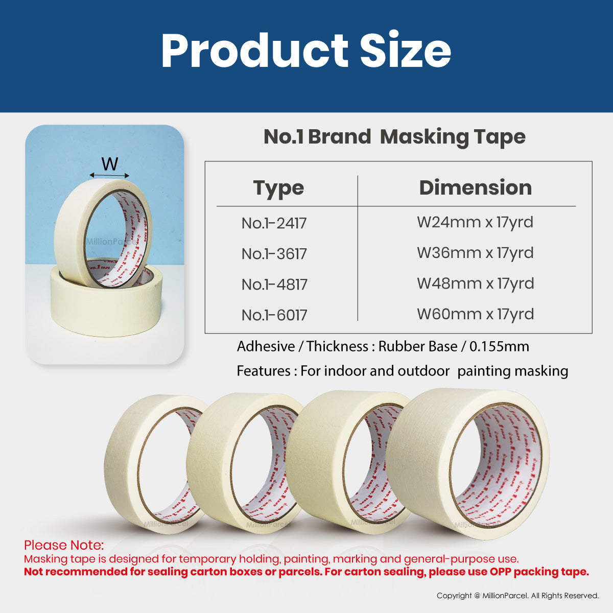 Masking tape rolls in beige paper tape, labeled sizes 24mm to 60mm