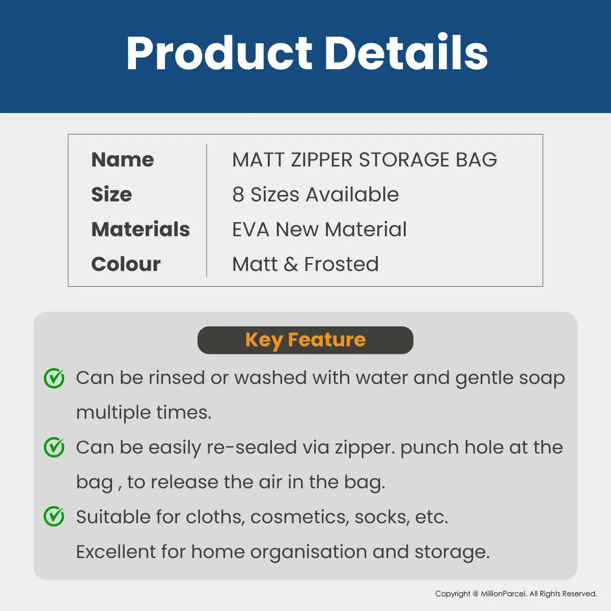 Matt Zipper Storage Bag | Reusable Ziplock Bag for Clothes - MillionParcel