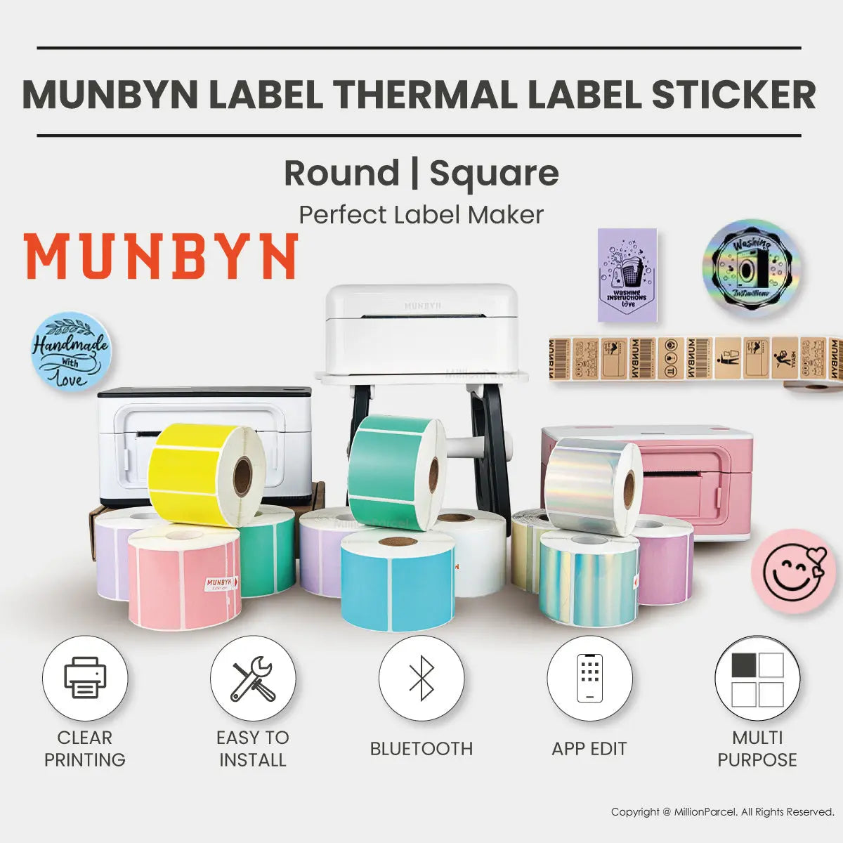 MUNBYN Rectangle Thermal Label | Circle Label | Holographic Label - MillionParcel