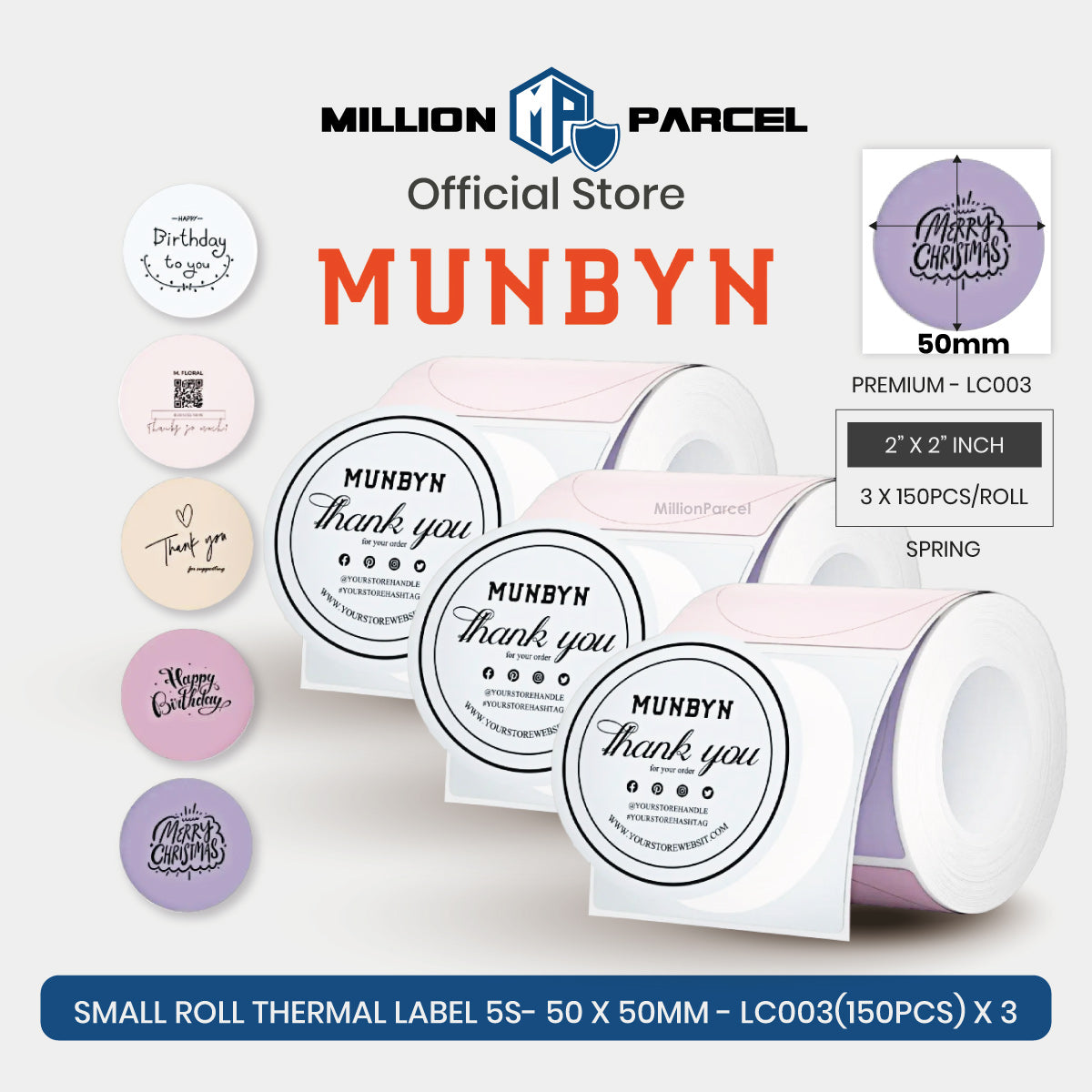 Small round thermal labels with 'thank you' design, 2x2 inch, spring, 3 rolls