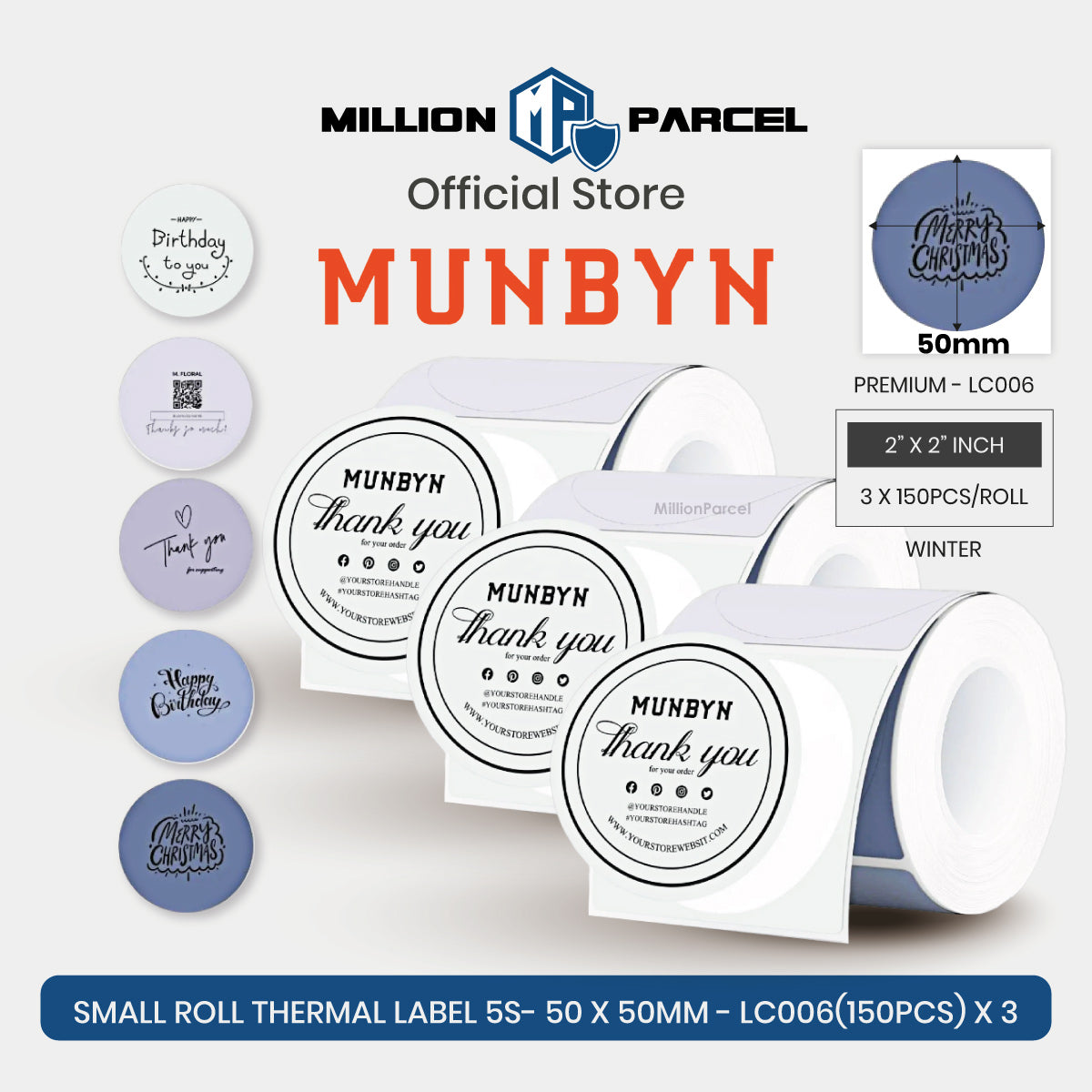 MUNBYN thermal label roll with winter “thank you” round labels and white backing