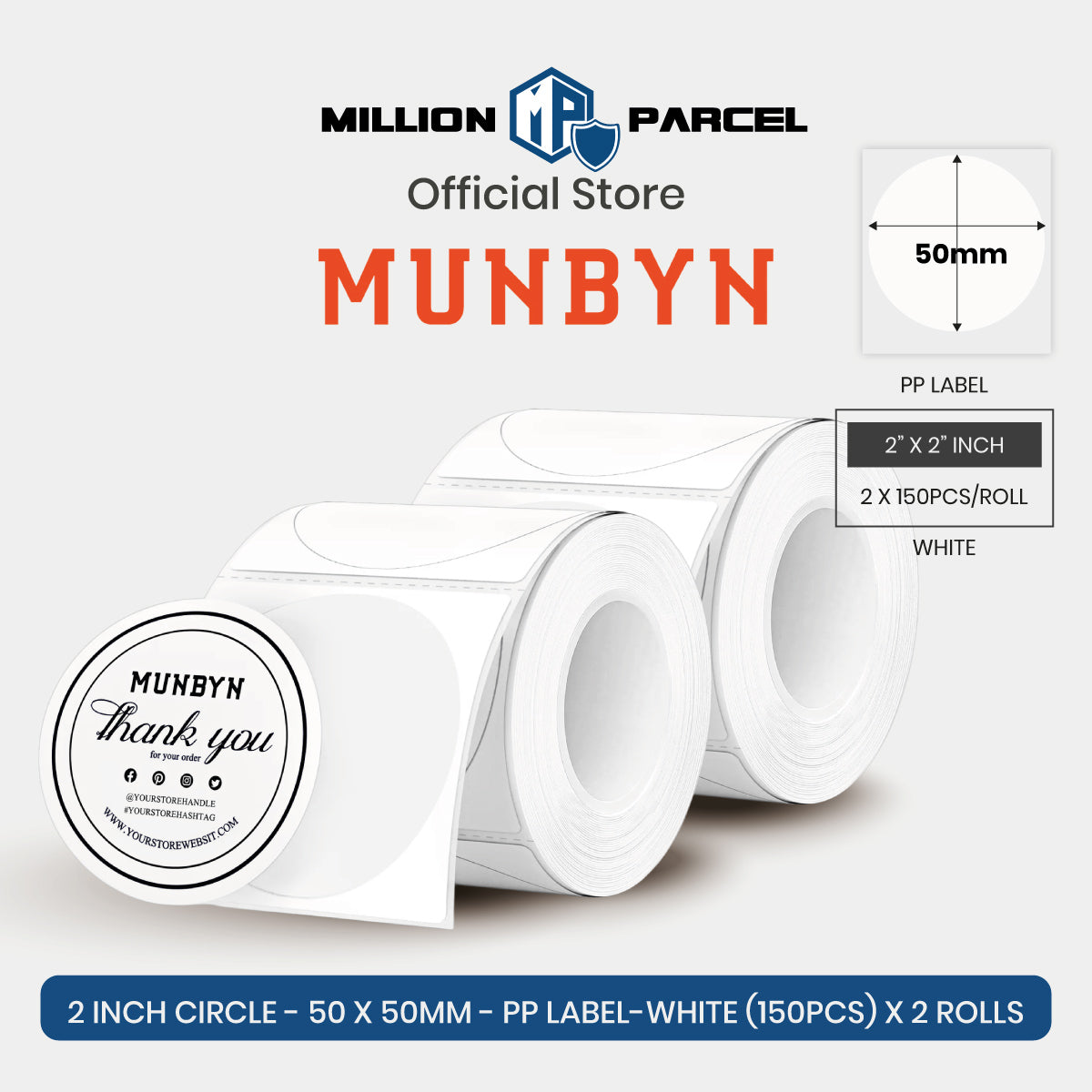 White 2-inch circle label roll, PP label sheets, 'thank you' design, 2 rolls