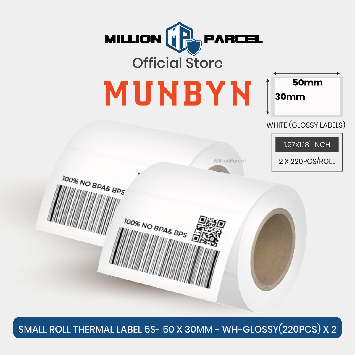 White glossy thermal label roll with barcode and QR, 50x30mm, 2 rolls