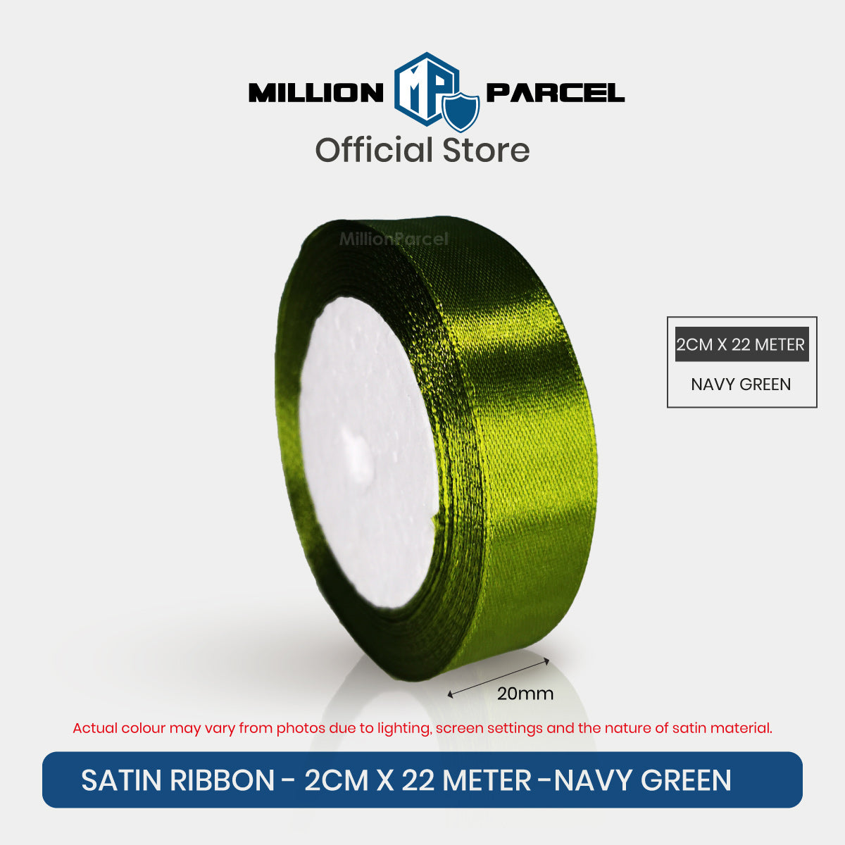 2cm x 22m satin ribbon roll in navy green, glossy satin edge