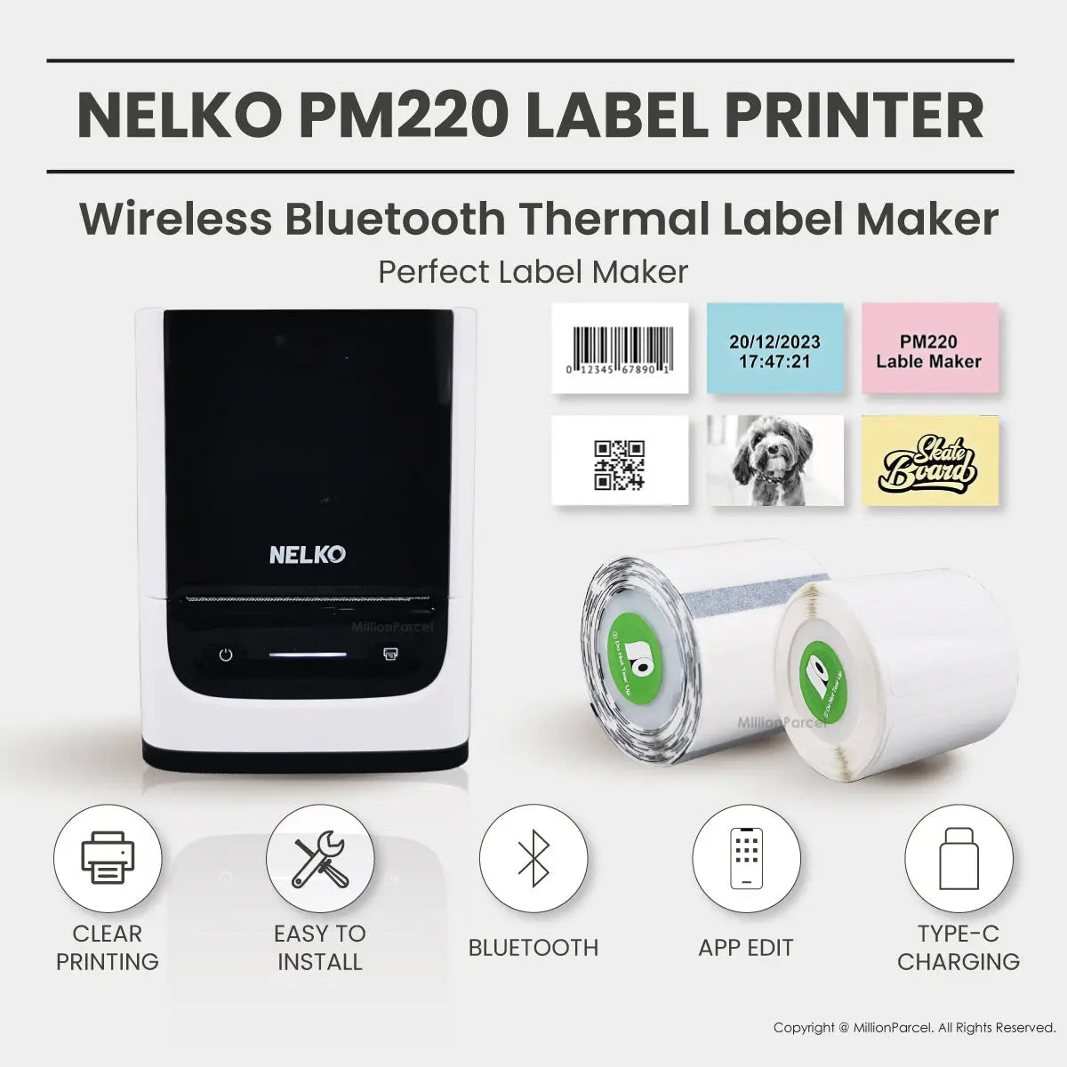 Nelko PM220 Portable Bluetooth Label Maker (with 50x30mm Label Tape) - MillionParcel