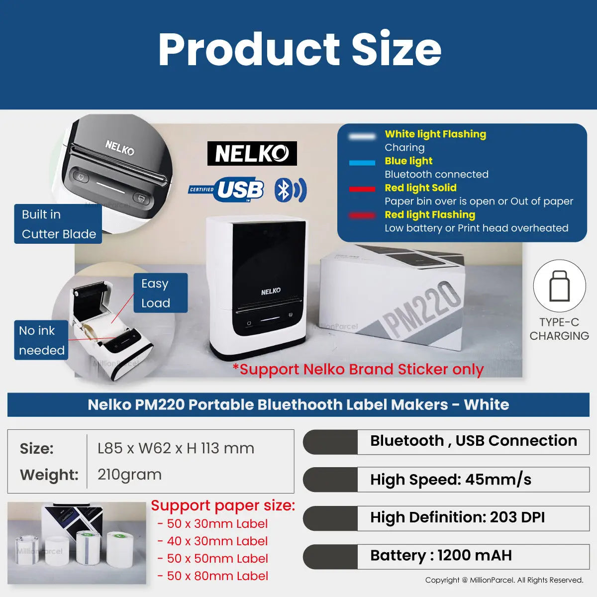 Nelko PM220 Portable Bluetooth Label Maker (with 50x30mm Label Tape) - MillionParcel