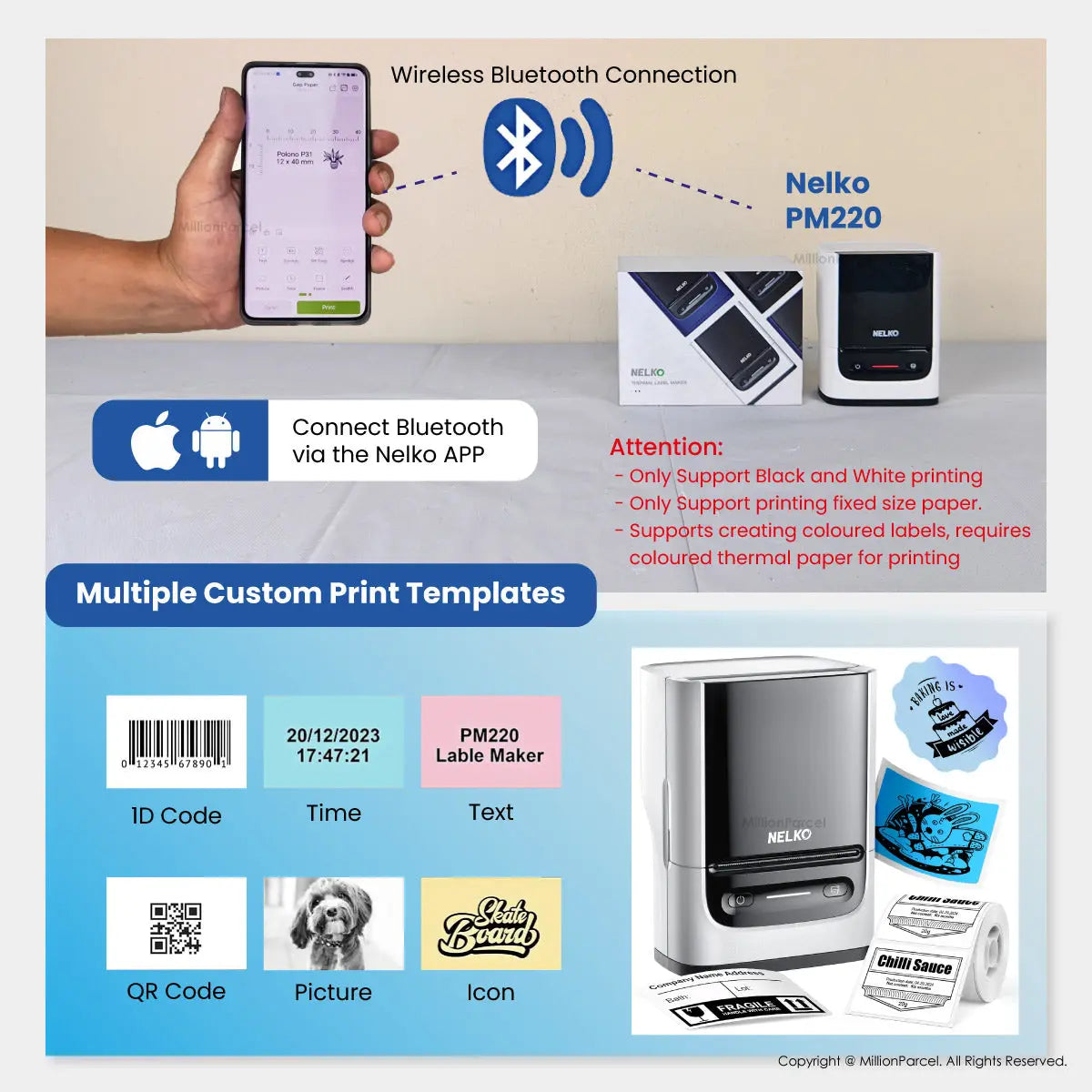 Nelko PM220 Portable Bluetooth Label Maker (with 50x30mm Label Tape) - MillionParcel