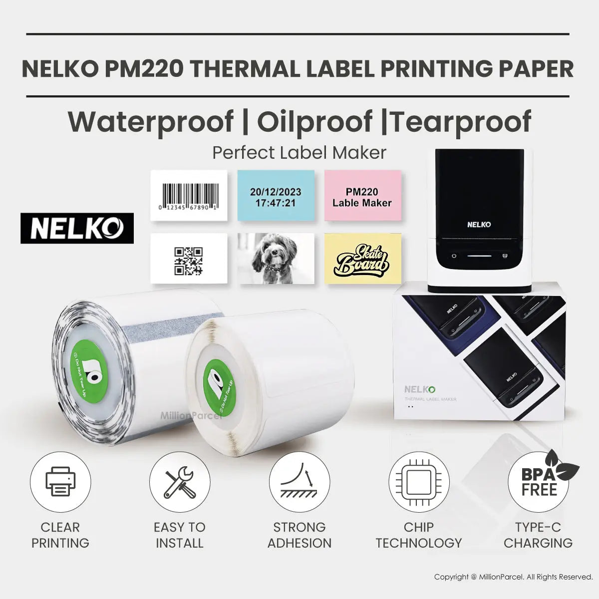 Nelko PM220 Thermal Label Printing Paper | Waterproof, Oilproof and Tearproof Label - MillionParcel