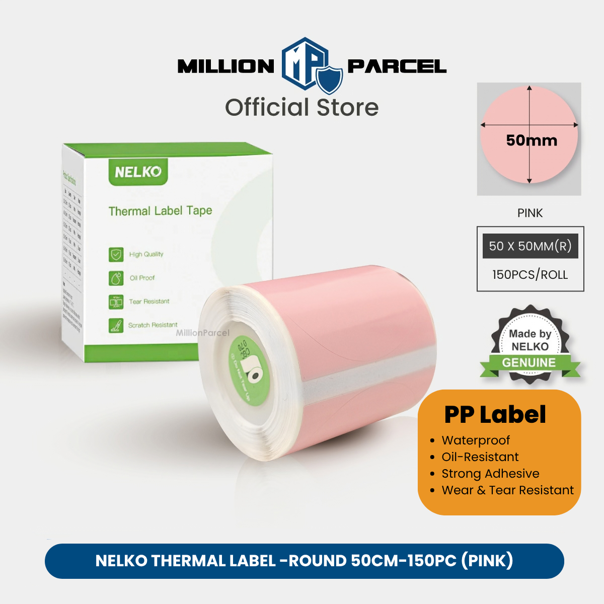Pink PP label sticker roll, 50x50mm round, 150 labels per roll.