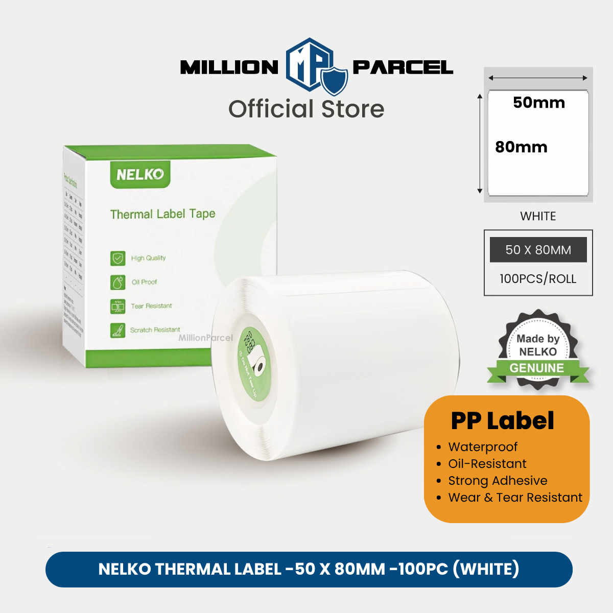 White label sticker roll, 50 x 80mm, waterproof oil-resistant adhesive