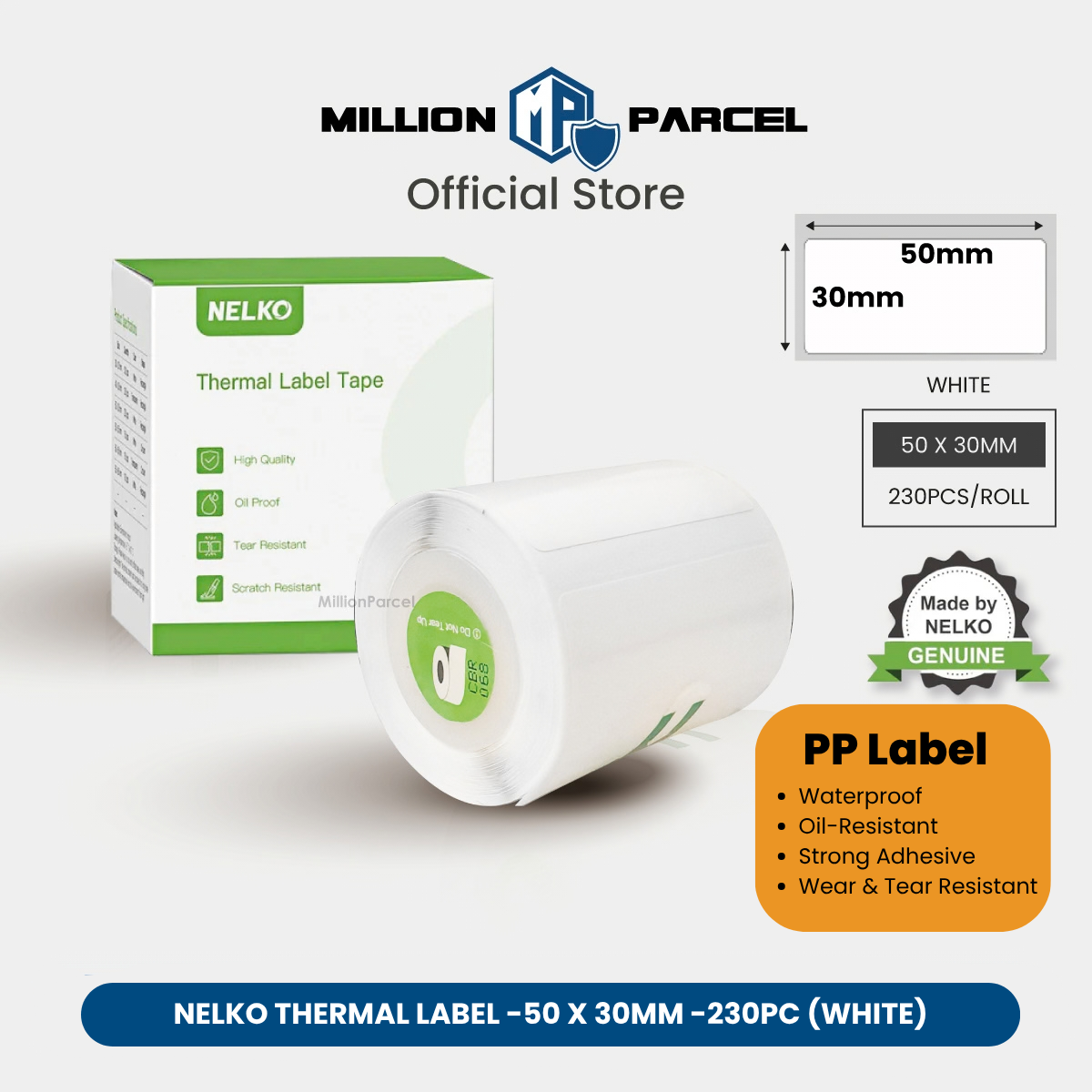 White PP label sticker roll, 50x30mm, 230 labels per roll.