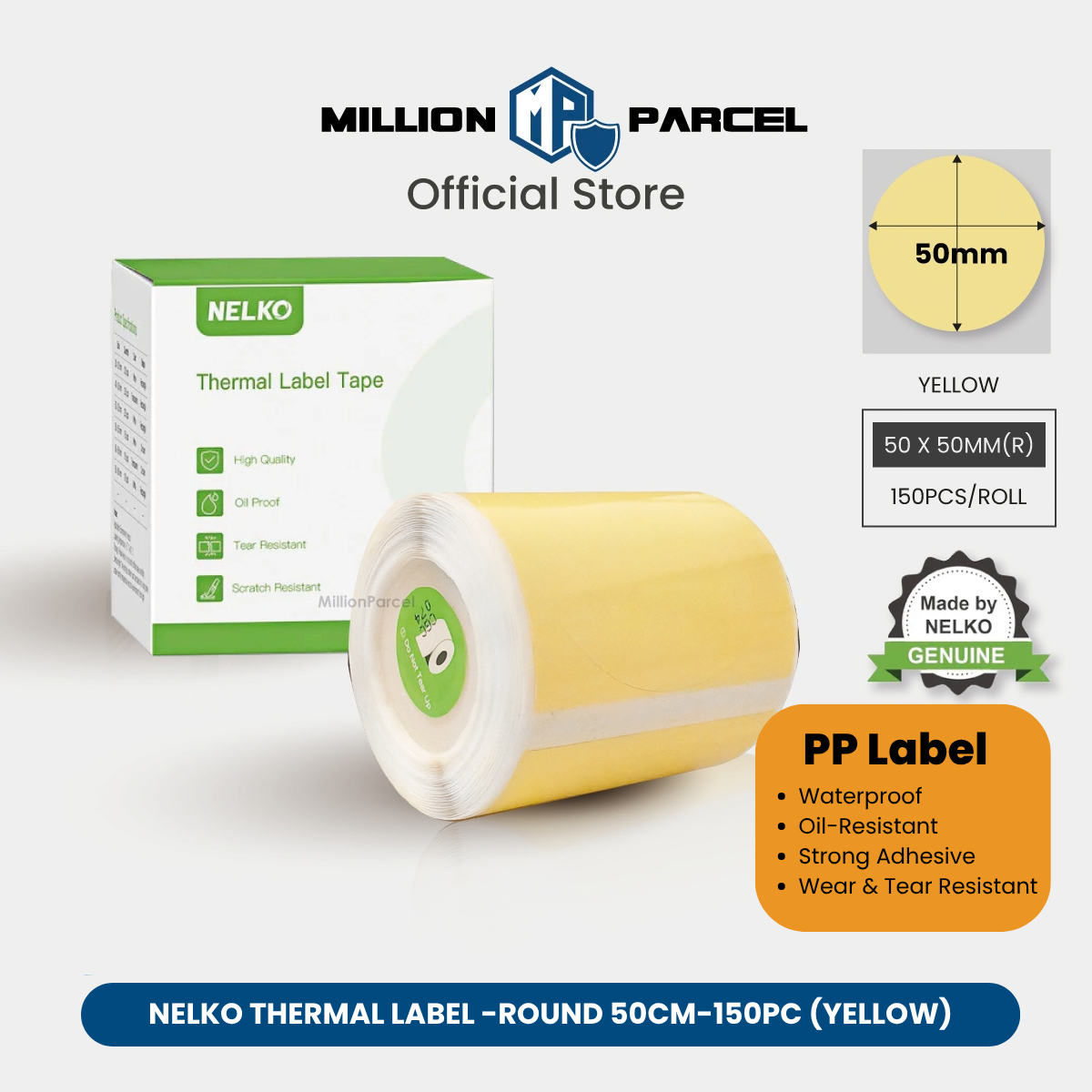 Yellow PP label sticker roll, 50x50mm round, 150 labels per roll.