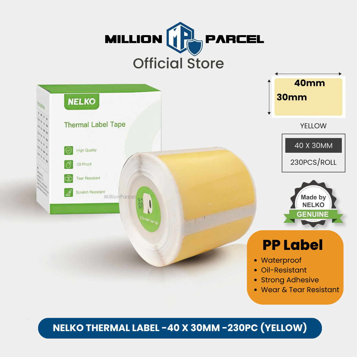 Yellow PP label sticker roll, 40x30mm, 230 labels per roll.