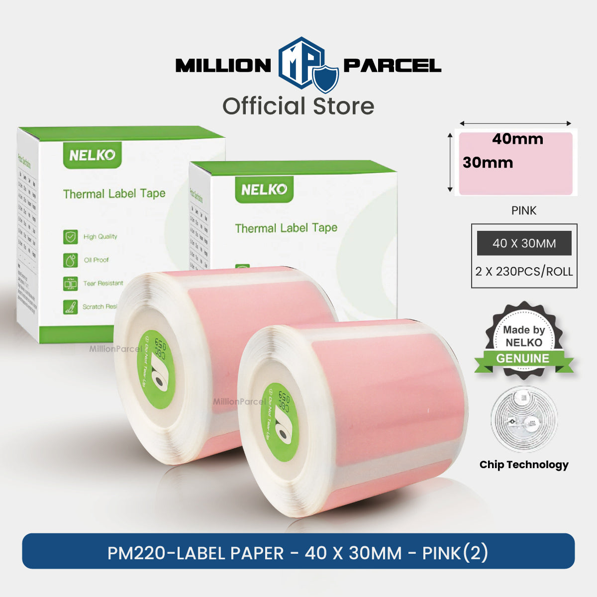 Pink thermal label paper roll, 40 x 30mm, 2-pack