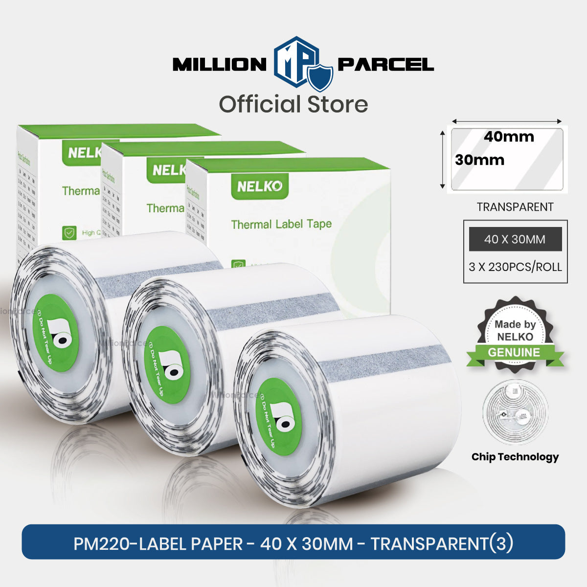 Transparent thermal label paper roll, 40 x 30mm, 3-pack