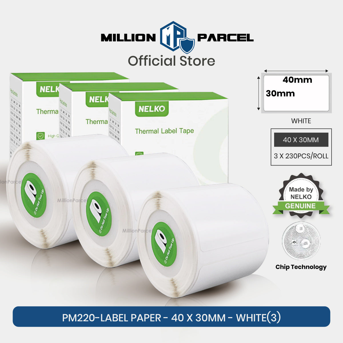 NELKO thermal label paper roll with white tape, 40x30mm size, 3 rolls