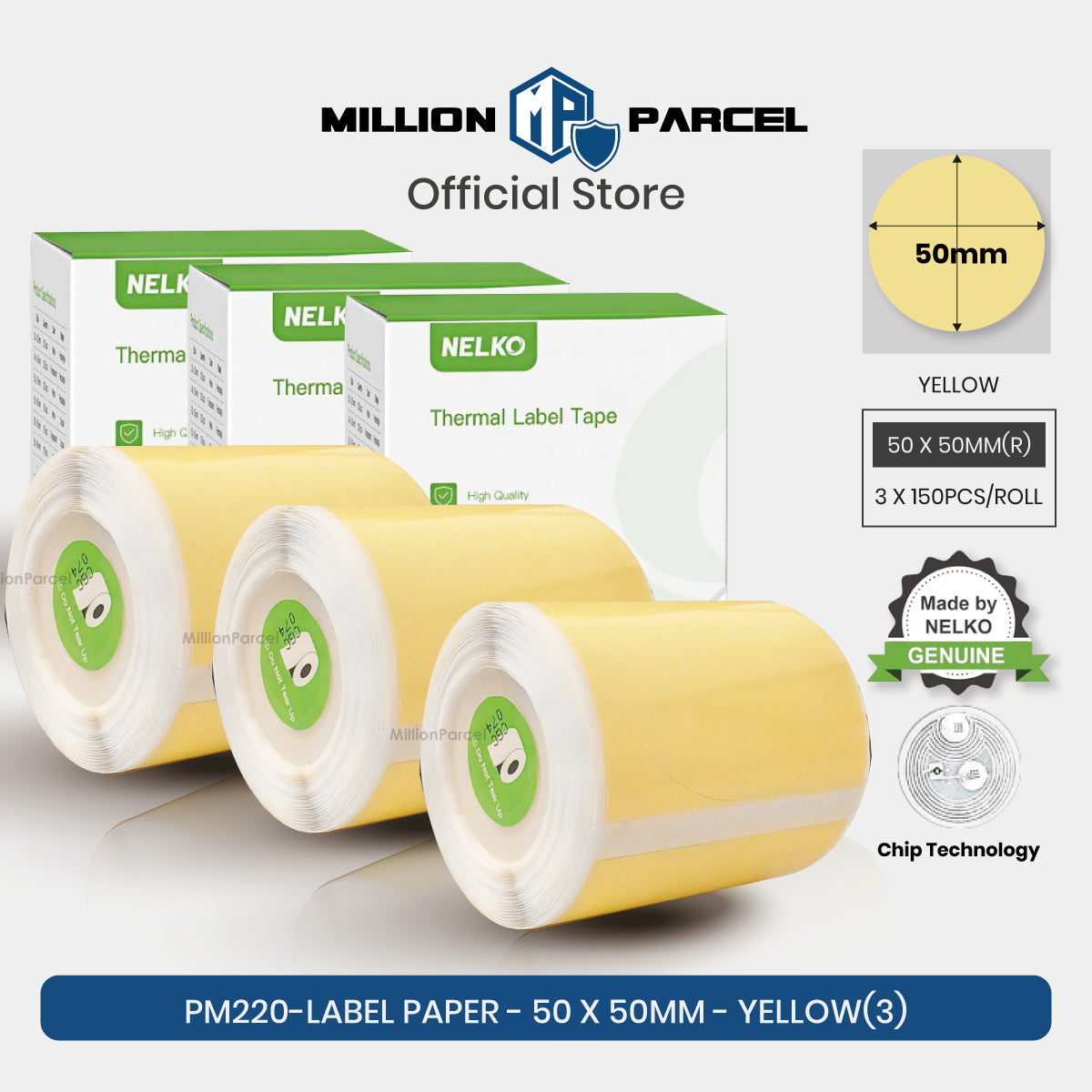 Yellow thermal label paper roll, 50 x 50mm, 3-pack