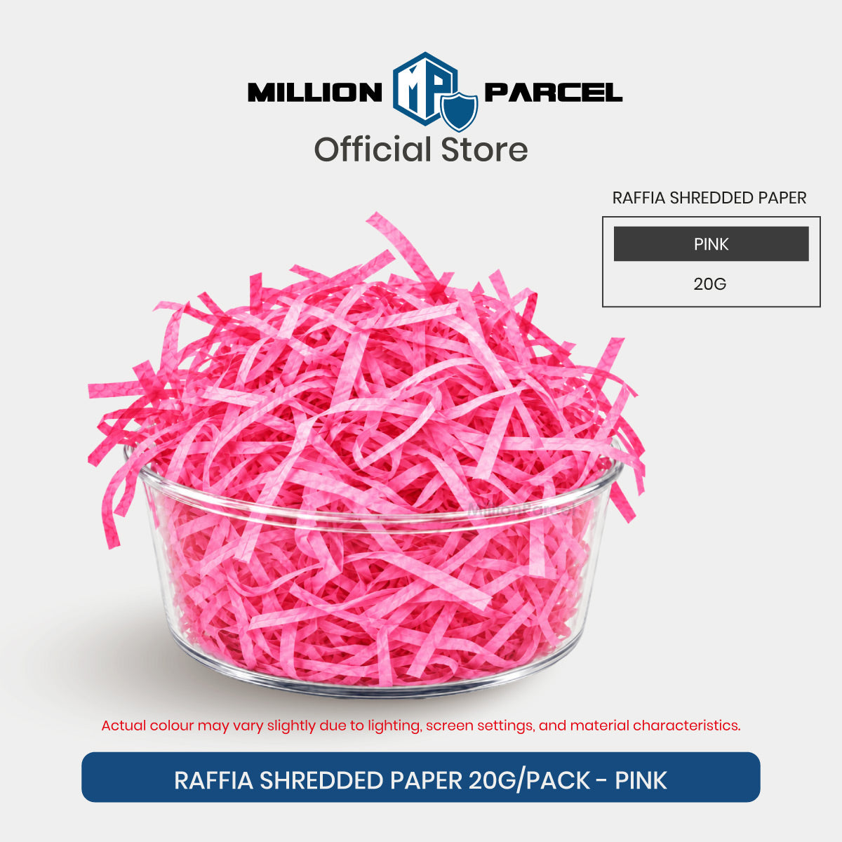 Pink raffia-style shredded paper filler in clear jar, 20g pack