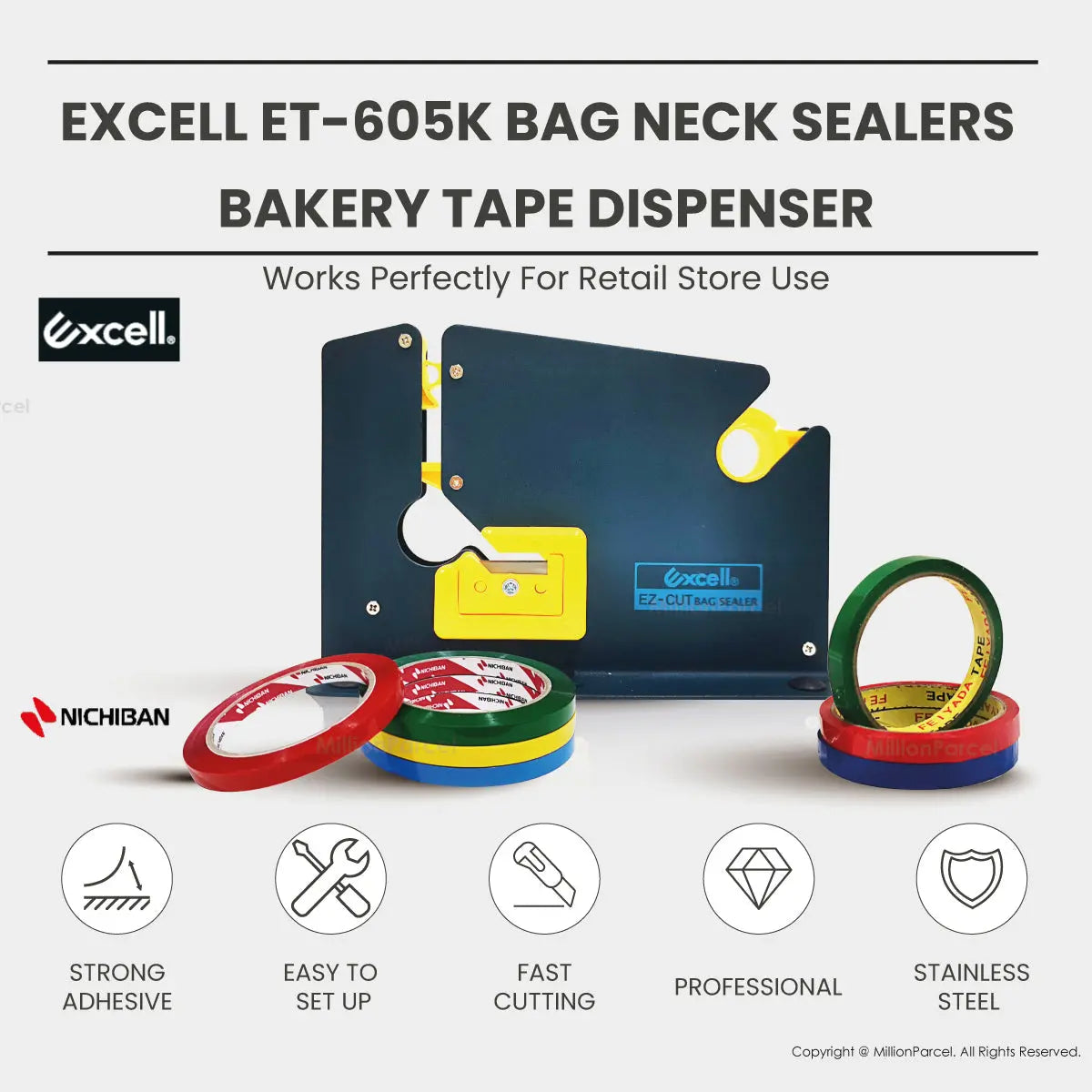 EXCELL ET-605K Bag Neck Sealers | Bakery Tape Dispenser - MillionParcel
