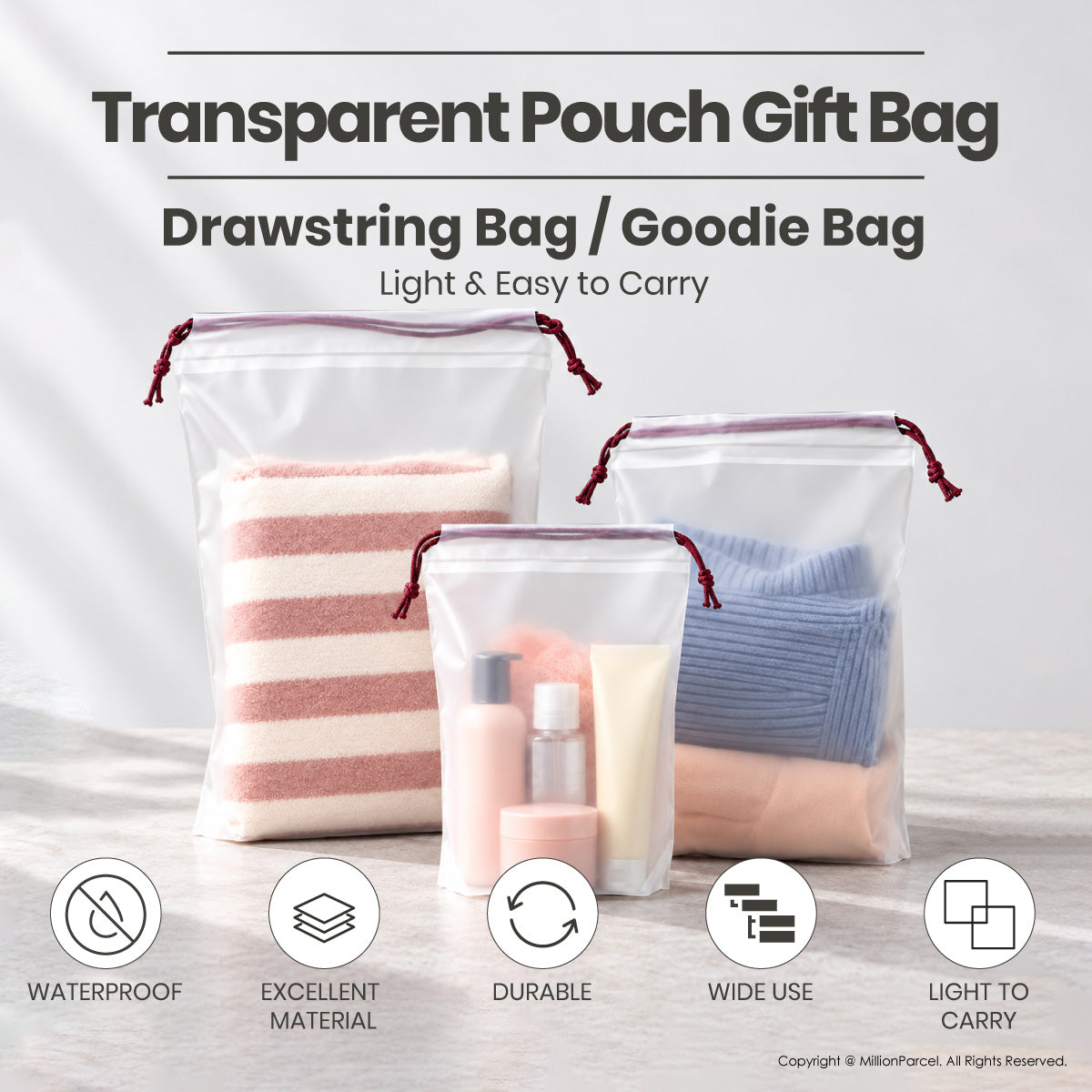 Transparent drawstring gift pouch bags with red cords, multiple sizes for easy carrying