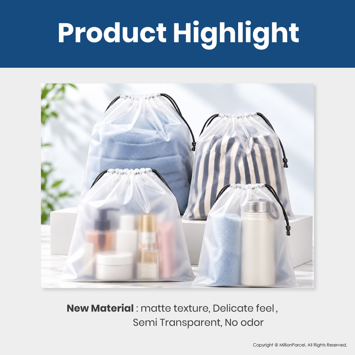 Semi-transparent drawstring storage pouches with blue and striped panels, bottle contents visible