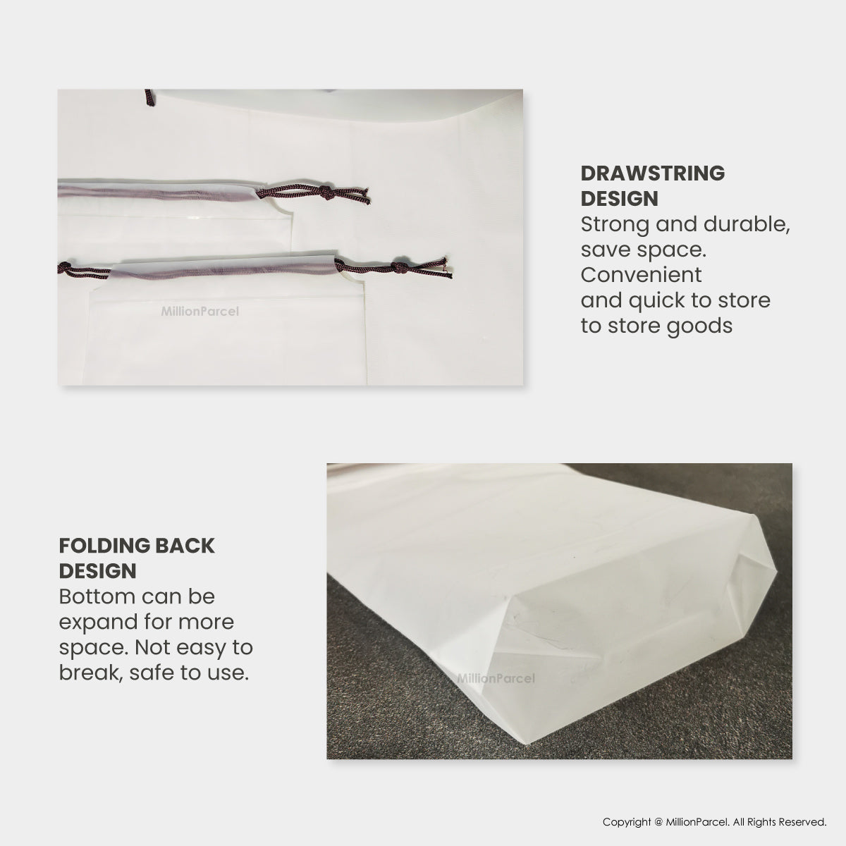 Close-up of drawstring pouch cords and folded bottom base, white translucent bag