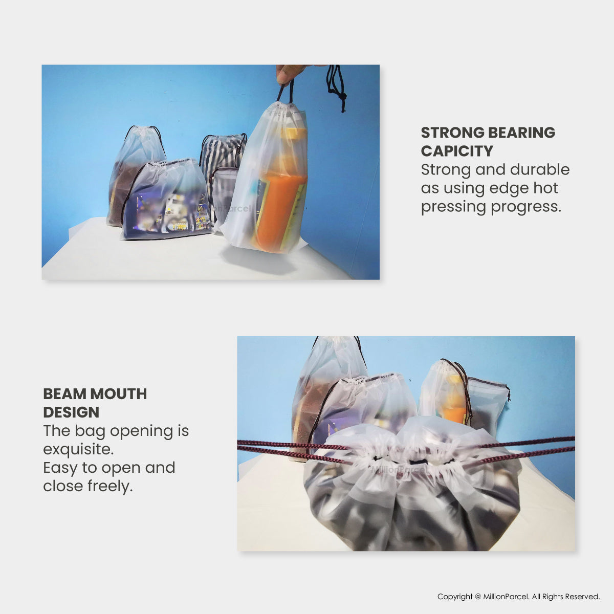 Drawstring storage pouches with secure cords and gathered beam-mouth opening, assorted colors
