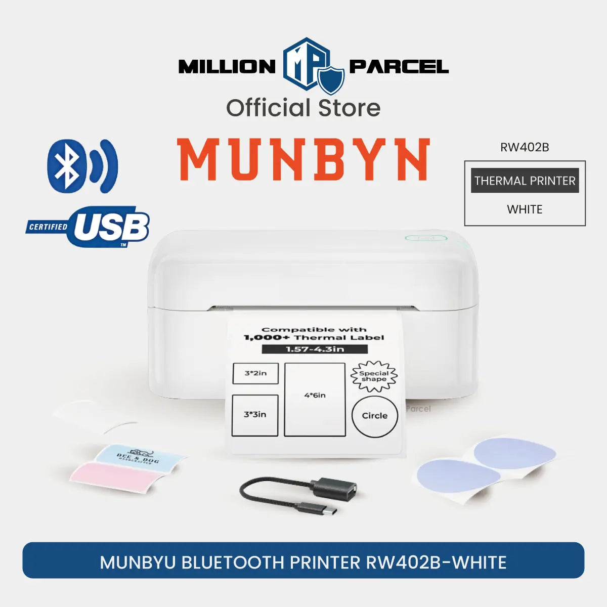 MUNBYN 941B & RW402B Bluetooth Thermal Label Printer for Small Business - MillionParcel