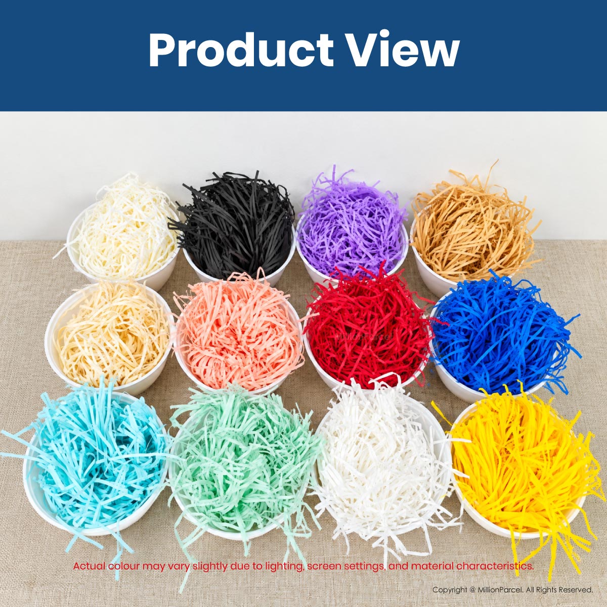 Multi-color raffia-style shredded paper filler set in small clear bowls