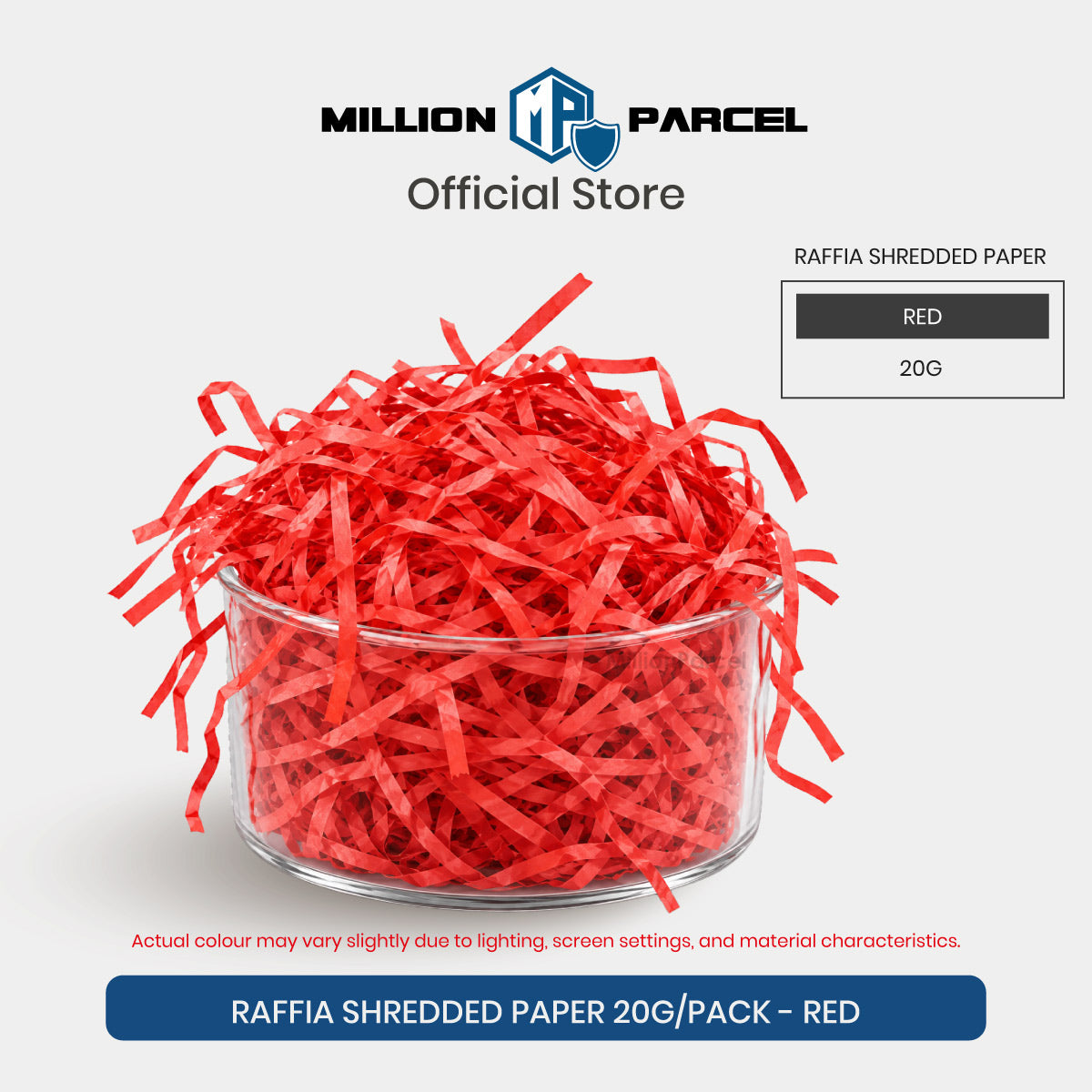 Raffia-style shredded paper gift filler in red, crinkle strips in a clear round tub