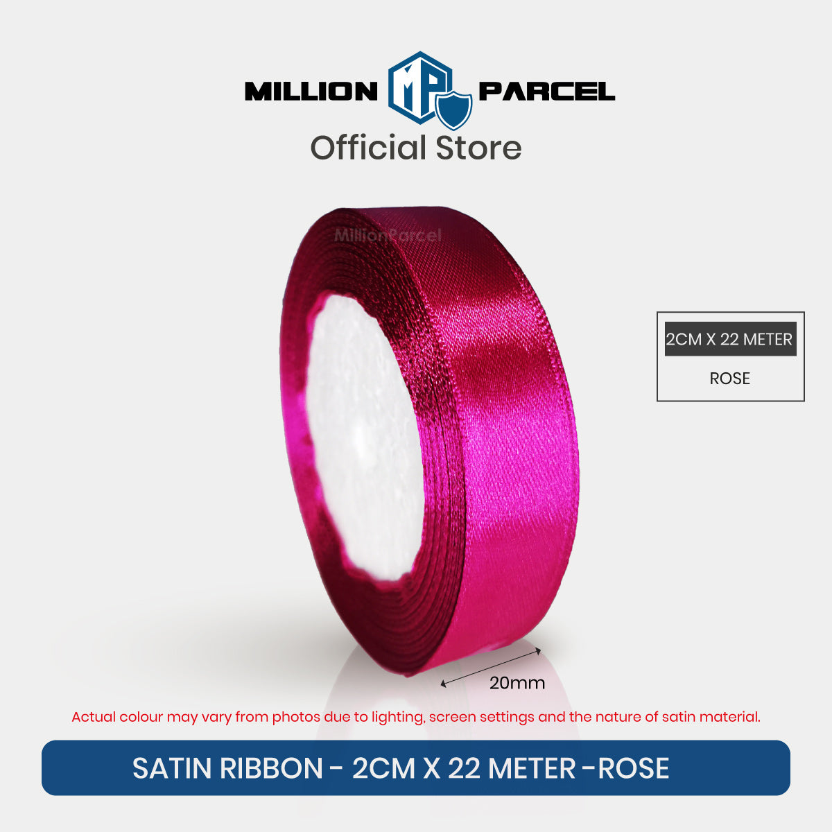 Rose satin ribbon roll, 2 cm wide and 22 m long, gift wrapping ribbon spool