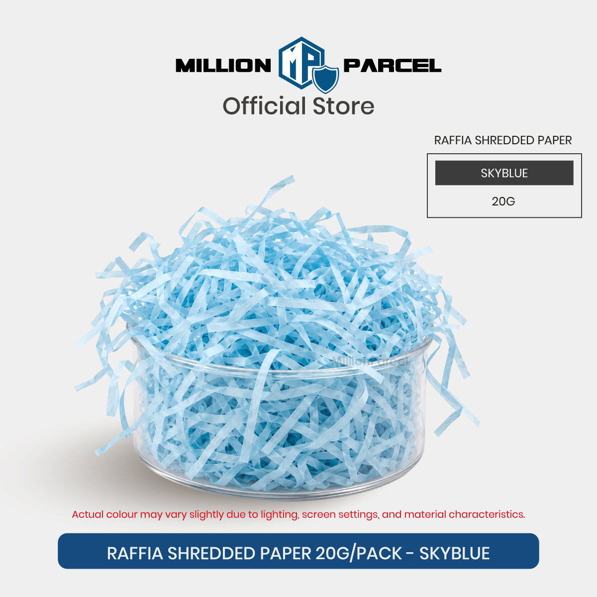 Sky blue raffia-style shredded paper filler in clear jar, 20g pack