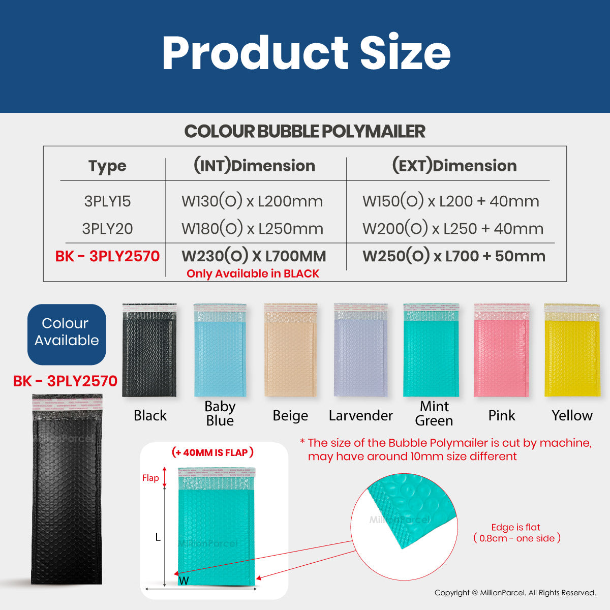 Color bubble polymailer options: black, baby blue, beige, mint green, pink, yellow