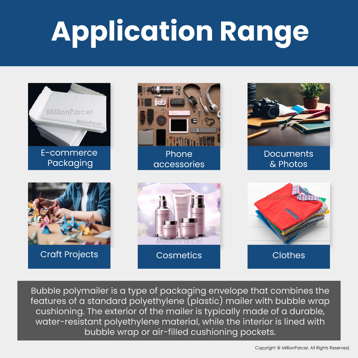 Bubble polymailer envelope for e-commerce packaging, documents, crafts, cosmetics, and clothes