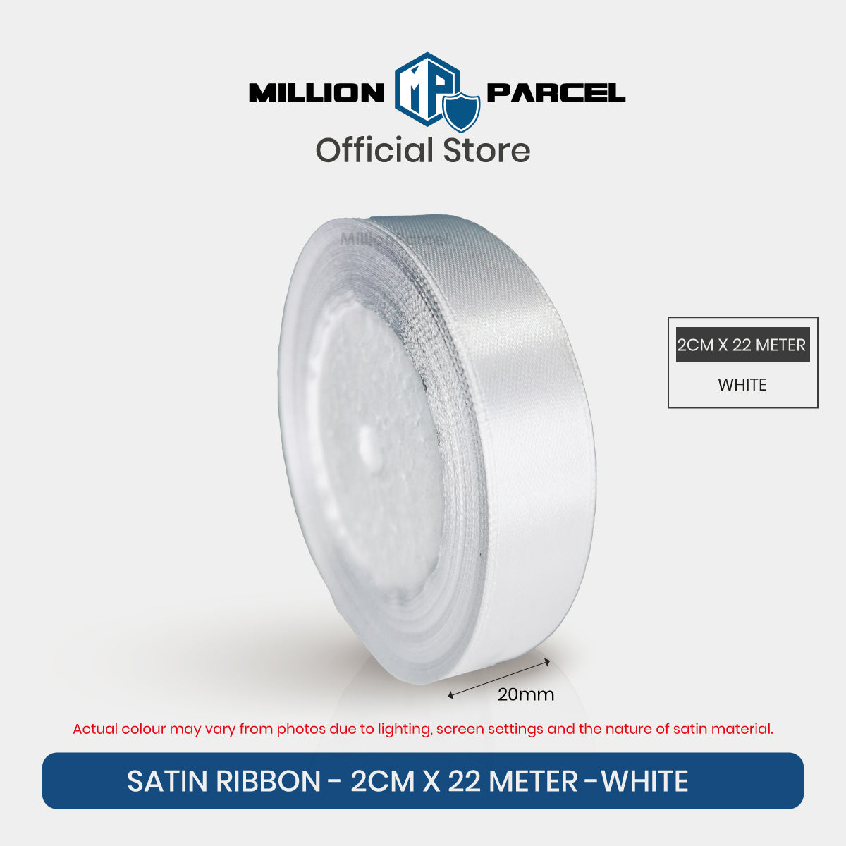 White satin ribbon roll, 2 cm wide and 22 m long, gift wrapping ribbon spool