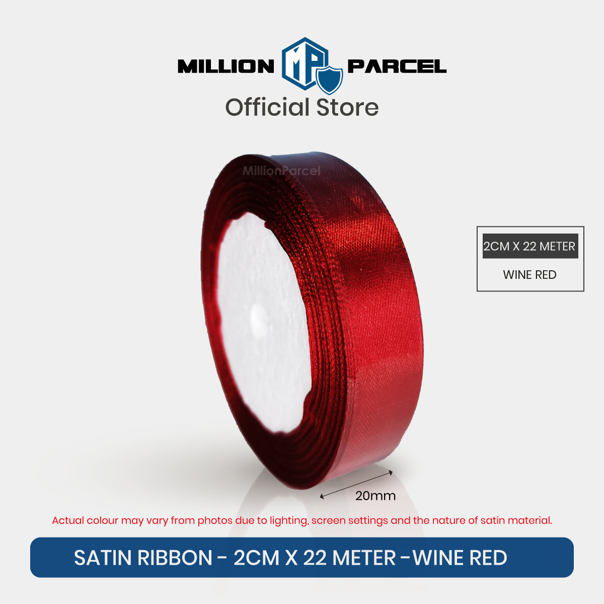 Wine red satin ribbon roll, 2 cm wide and 22 m long, gift wrapping ribbon spool