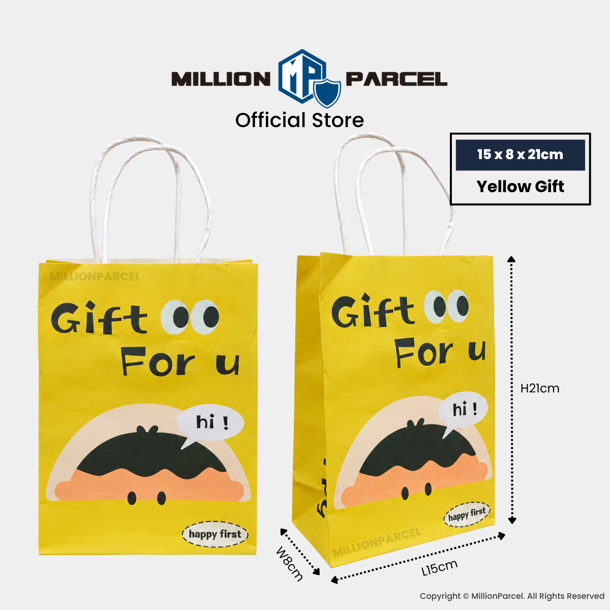 Yellow gift paper bag with handles, “Gift For u” text and car character graphic.